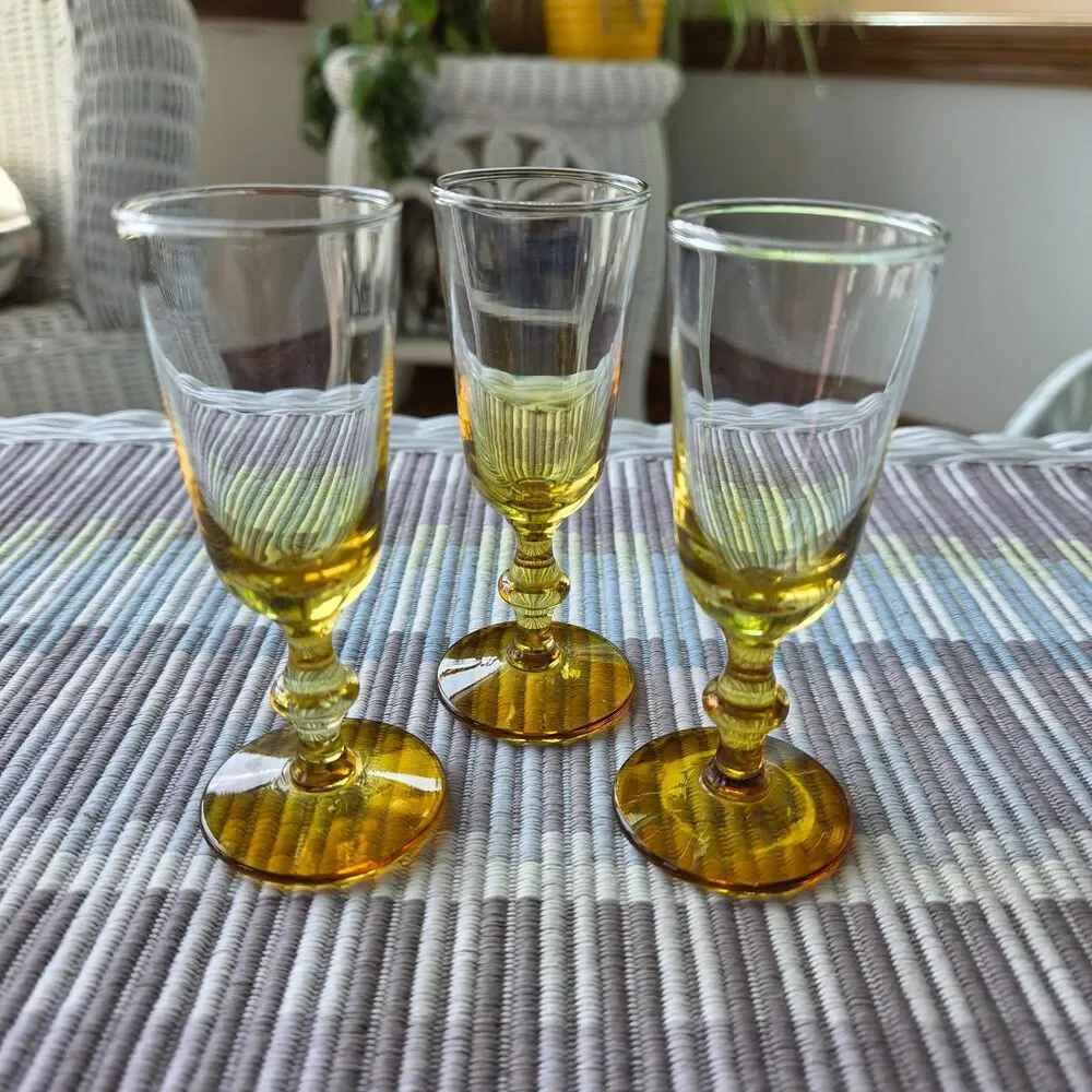 Vintage Libbey Forever Amber Cordial Glasses Three MCM Yellow Aperitif Liqueur